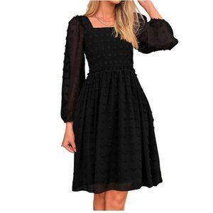 Womens Black Swiss Dot Smocked Waist Long Sleeve Mini Dress By BTFBM Chiffon L